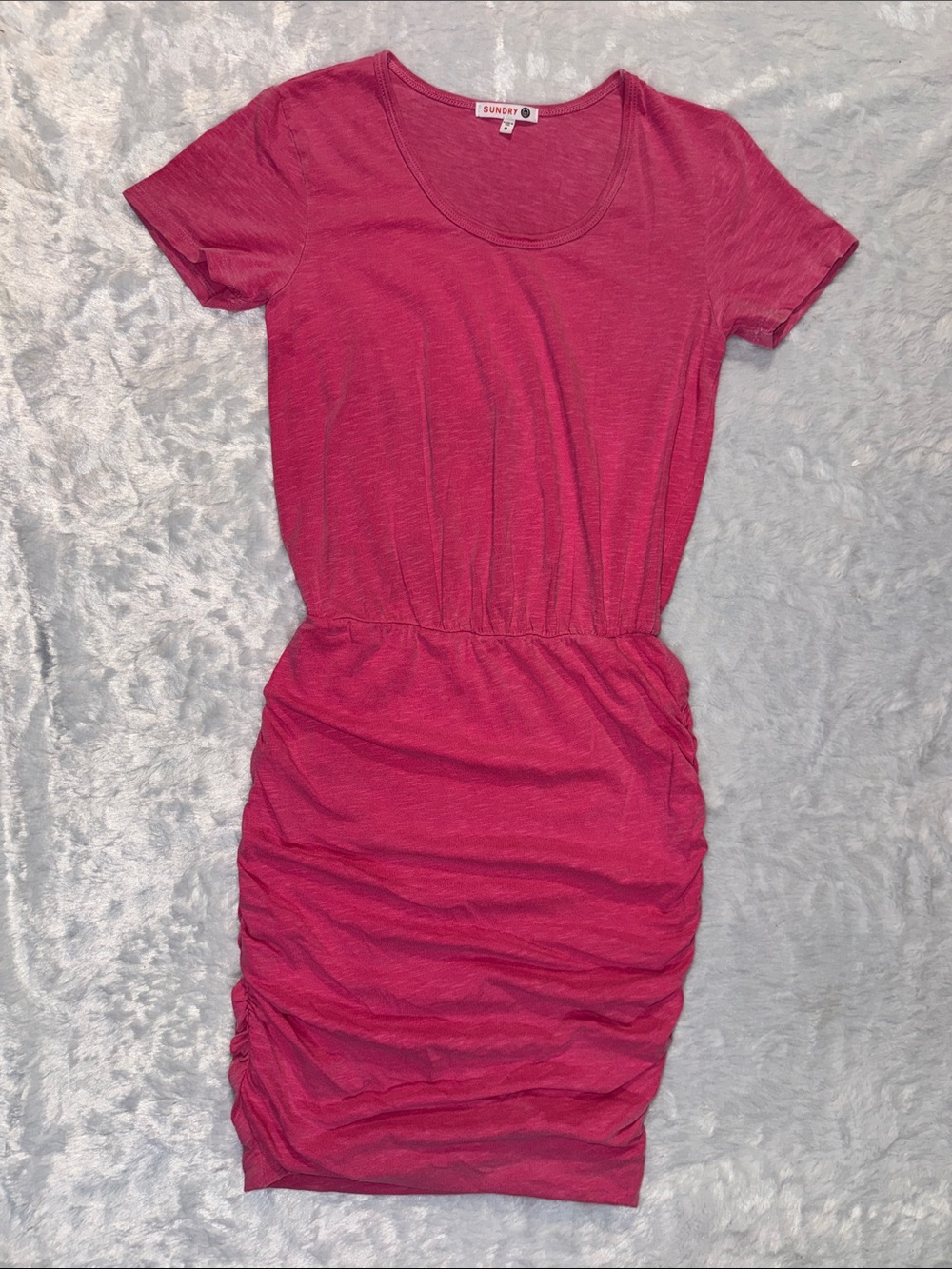 Sundry Hot Pink Ruched Short-Sleeve Mini Dress